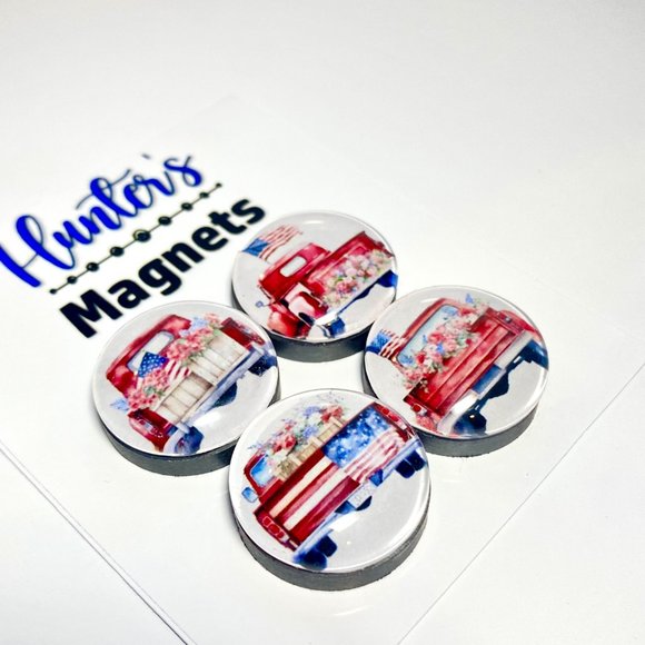 Set of 4 Magnets - Patriotic Red Truck Glass Refrigerator Kitchen Whiteboard - Picture 3 of 3